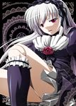  bow doll_joints dress flower frills gothic_lolita gucchi hairband lolita_fashion long_hair purple_eyes red_flower red_rose ribbon rose rozen_maiden sitting solo suigintou white_hair 