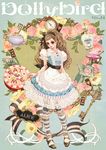  alice_in_wonderland apron blonde_hair cake card cup doll_joints floating_card flower food hair_ribbon key lying_card matsuo_hiromi pink_flower pink_rose pocket_watch ribbon rose solo teapot watch 