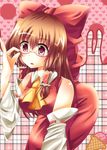  absurdres ascot bad_id bad_pixiv_id bespectacled blush bow brown_eyes brown_hair detached_sleeves food glasses hair_bow hakurei_reimu highres ice_cream japanese_clothes long_hair mei_(jewel_at_time) miko solo touhou 
