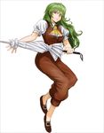  alternate_hairstyle ascot border buckle closed_umbrella full_body green_hair kazami_yuuka kazami_yuuka_(pc-98) long_hair no_socks pants red_eyes shoes short_sleeves simple_background smile solo touhou touhou_(pc-98) tsurui umbrella vest white_background 