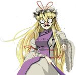  blonde_hair bow closed_fan fan folding_fan funny_glasses glasses hair_bow hat hat_ribbon long_hair mine_(wizard) purple_eyes ribbon solo touhou translated very_long_hair yakumo_yukari 