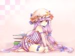  armlet bare_shoulders beads book crescent crystal_ball hat long_hair patchouli_knowledge purple_eyes purple_hair ribbon rojiko solo thigh_ribbon touhou wrist_cuffs 