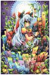  animal_ears bell blue_hair cat cat_ears copyright_request emperpep heterochromia long_hair plant red_ribbon ribbon solo 