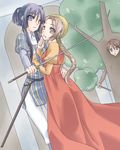  akiyama_mio bad_id bad_pixiv_id cosplay dress hirasawa_yui juliet_capulet juliet_capulet_(cosplay) k-on! multiple_girls romeo_and_juliet romeo_montague romeo_montague_(cosplay) souko_(yue) sword tainaka_ritsu tree weapon 