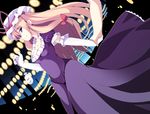  bag bagged_fish blonde_hair breasts cleavage dutch_angle elbow_gloves festival fish fujy gloves goldfish holding_hands long_hair medium_breasts out_of_frame pov purple_eyes solo_focus touhou white_gloves yakumo_yukari 