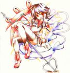  absurdres asymmetrical_wings colored_pencil_(medium) highres houjuu_nue myaaco red_eyes short_hair sitting snake solo thighhighs touhou traditional_media ufo wings zettai_ryouiki 