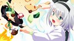  black_hairband blush cooking fire flipping_food food frying_pan green_eyes hairband konpaku_youmu makai_tenshi_djibril mario_(series) mirino mushroom mystia_lorelei mystia_lorelei_(bird) open_mouth parody short_hair silver_hair solo style_parody super_mario_bros. super_mushroom touhou 