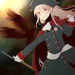  axis_powers_hetalia bad_id bad_pixiv_id bayonet bird cape cravat eagle fang genderswap genderswap_(mtf) gloves grey_hair grin gun hat long_hair medal military military_uniform musket namafu prussia_(hetalia) red_eyes smile solo sword uniform weapon 