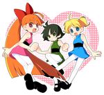  black_hair blonde_hair blossom_(ppg) blue_eyes bow bubbles_(ppg) buttercup_(ppg) green_eyes grin hair_bow kiri_futoshi long_hair mary_janes multiple_girls orange_hair pantyhose ponytail powerpuff_girls shoes short_hair siblings sisters smile twintails very_long_hair white_legwear 