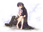  1girl akimo_(cb21) bandaid barefoot black_hair clothes_grab coat couple darker_than_black hei hetero hug legs long_hair md5_mismatch profile purple_eyes shoes silver_hair sitting sitting_on_lap sitting_on_person yin 