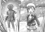  1girl coat fur_hat greyscale hat kamijou_touma kuontendou misaka_mikoto monochrome pantyhose scarf skirt tears to_aru_majutsu_no_index winter_clothes 