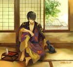  alcohol architecture bad_id bad_pixiv_id barefoot black_hair cat cup east_asian_architecture eyepatch gintama indoors japanese_clothes kiseru male_focus mg_(mica) pipe sakazuki sake sitting smoking solo takasugi_shinsuke tatami tokkuri window 