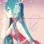  aqua_eyes aqua_hair bad_id bad_pixiv_id hair_ribbon hatsune_miku itamidome long_hair open_mouth profile red_string ribbon solo string tears twintails upper_body vocaloid 