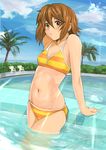  arm_support bikini blush brown_eyes brown_hair cloud day flat_chest hair_down highres k-on! navel palm_tree pool shiny shiny_skin short_hair shu-z sky solo striped striped_swimsuit swimsuit tainaka_ritsu tree wading water 