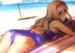  ass bare_shoulders beach blush breast_press breasts competition_swimsuit day hairband idolmaster idolmaster_(classic) inflatable_raft large_breasts long_hair lying ocean on_stomach one-piece_swimsuit purple_swimsuit red_eyes seki_suzume shijou_takane silver_hair solo swimsuit umbrella 