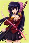  absurdres blue_hair bow hair_bow highres long_hair mouth_hold noihara_himari non-web_source official_art omamori_himari purple_eyes school_uniform solo sparkle sword thighhighs very_long_hair weapon zettai_ryouiki 