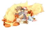  =_= arcanine bad_id bad_pixiv_id baseball baseball_cap black_hair brown_hair closed_eyes eevee gen_1_pokemon green_eyes hat male_focus maroko322 multiple_boys ookido_green pikachu pokemon pokemon_(creature) pokemon_(game) pokemon_hgss pokemon_rgby red_(pokemon) red_(pokemon_rgby) red_eyes smile 