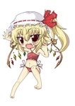  barefoot bikini blonde_hair chibi flandre_scarlet hat kusanagi_mikoto_(artist) long_hair red_bikini red_eyes side_ponytail solo swimsuit touhou wings 