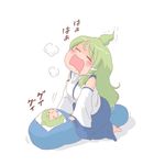  abekawa blush closed_eyes crotch_rub dakimakura_(object) detached_sleeves drooling green_hair kochiya_sanae long_hair masturbation o3o one_eye_closed pillow pillow_sex solo touhou translated 