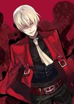  alternate_color aya_(min412) belt blazblue chain hazama highres male_focus necktie red_background red_eyes solo vest white_hair 