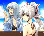  alternate_hairstyle bare_shoulders bikini blue_hair bow breasts brown_eyes cleavage drinking_straw face fujiwara_no_mokou hair_bow hands hiroya_juuren hood hooded_jacket jacket kamishirasawa_keine large_bow long_hair looking_at_viewer looking_back medium_breasts multiple_girls ponytail red_eyes silver_hair staring swimsuit touhou translated 