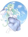  animal_ears bad_id bad_pixiv_id blue_eyes cat_ears cat_tail detached_sleeves frog green_hair hair_ornament kemonomimi_mode kochiya_sanae long_hair looking_at_viewer minamo_iruka no_shoes open_mouth smile socks solo tail touhou water_drop white_legwear 