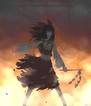  bad_deviantart_id bad_id bow brown_eyes brown_hair detached_sleeves gohei hair_bow hakurei_reimu highres k0n3k0 midriff solo torn_clothes touhou wind 