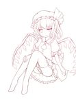  :t absurdres bed flandre_scarlet hat highres lineart monochrome one_side_up pout shiro_tsugumi short_hair solo thighhighs touhou transparent_background wings 