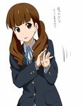 bangs blazer blunt_bangs brown_eyes brown_hair extra hand_up jacket k-on! leaning long_hair open_mouth ribbon school_uniform simple_background solo twintails wakaouji_ichigo wavy_hair white_background youkan 