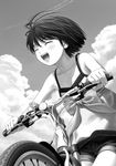  bicycle bow camisole greyscale ground_vehicle idolmaster idolmaster_(classic) kikuchi_makoto monochrome nekopuchi shorts solo 