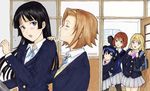  :d akiyama_mio alice_kei_(lemon-jiru) bag black_hair blazer blonde_hair blue_eyes blue_hair blush brown_hair camera closed_eyes doorway embarrassed faux_traditional_media hair_ornament hairband hairclip hand_on_shoulder hirasawa_yui jacket k-on! kiss kotobuki_tsumugi long_hair multiple_girls nakano_azusa open_mouth pantyhose pleated_skirt profile ribbon school_uniform skirt smile sweatdrop tainaka_ritsu twintails vest 