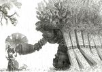  branch broken_umbrella fantasy food fruit gears gears_maiden giving graphite_(medium) greyscale hat holding holding_umbrella mecha mechanical monochrome plant pointing rocca_(gears_maiden) steampunk traditional_media tsukushi_akihito umbrella 