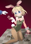  :3 animal_ears blonde_hair blue_eyes brown_card bunny_ears bunnysuit camera card checkered checkered_floor glasses goblet gun hatomugi_(mamotan) highres holding holding_card lying_card original pantyhose perspective short_hair solo_focus weapon 