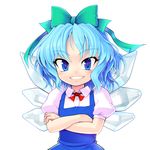 blue_eyes blue_hair bow cirno commentary_request crossed_arms ebizome grin hair_bow simple_background smile solo touhou white_background wings 
