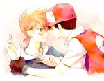  baseball_cap black_hair brown_hair green_eyes hat male_focus multiple_boys ookido_green pixiv_red pokemon pokemon_(game) pokemon_hgss pokemon_rgby red_(pokemon) red_(pokemon_rgby) red_eyes surprised tarteap yaoi 