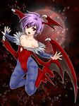  animal_print bad_id bad_pixiv_id bare_shoulders bat_print bat_wings boots bridal_gauntlets demon_girl flat_chest head_wings highres knee_boots kneeling leotard lilith_aensland pantyhose print_legwear purple_hair red_eyes red_leotard short_hair solo takatsuki_ichi vampire_(game) wings 