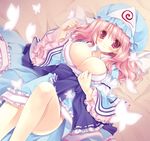  blush breasts bug butterfly cleavage embellished_costume frills from_above hat insect japanese_clothes kimono large_breasts legs lying miyasu_risa no_panties on_back open_clothes open_kimono pink_eyes pink_hair saigyouji_yuyuko short_hair solo touhou 