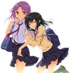  arm_hug bad_id bad_pixiv_id bag black_hair brown_eyes closed_eyes kajiki_yumi multiple_girls necktie odawara_hakone purple_hair saki school_uniform skirt sweater touyoko_momoko tsuruga_school_uniform 