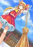  bad_id bad_pixiv_id bamboo_broom bloomers box broom cosplay detached_sleeves donation_box dutch_angle fang hakurei_reimu hakurei_reimu_(cosplay) hand_on_hip horns ibuki_suika long_hair navel nishiuri orange_hair pointy_ears shrine solo touhou underwear yellow_eyes 