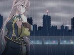  blue_eyes city cityscape ear_piercing long_hair megurine_luka piercing pink_hair rain skirt solo vocaloid yuzuki_kei 