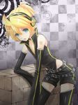  aqua_eyes blonde_hair detached_sleeves headphones kagamine_len male_focus project_diva_(series) project_diva_2nd punkish_(module) reshika shorts solo thighhighs vocaloid 