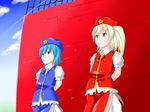  bad_id bad_pixiv_id blue_eyes china_dress chinese_clothes cirno cosplay dress flandre_scarlet hat hong_meiling hong_meiling_(cosplay) multiple_girls niwatazumi red_eyes touhou translated wings work_in_progress 