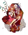  absurdres barefoot blonde_hair coffin flandre_scarlet flower highres kodatino petals red_eyes red_flower red_rose rose rose_petals skeleton solo touhou wings 