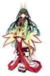  animal_ears fox_ears green_hair hair_ornament japanese_clothes kimono long_hair long_sleeves official_art sandals simple_background slit_pupils solo tabi trinity_universe tsubaki_(trinity_universe) tsunako white_background 