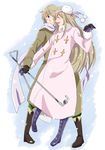  1girl axis_powers_hetalia bad_id bad_pixiv_id blonde_hair boots closed_eyes coat dual_persona fur_hat genderswap genderswap_(mtf) gloves hairband hat hedoro long_hair russia_(hetalia) scarf shovel 