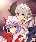  arms_up ascot bad_id bad_pixiv_id bat_wings grey_hair hat hug izayoi_sakuya kiyosukis lavender_hair maid maid_headdress multiple_girls remilia_scarlet short_hair touhou wings 