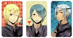  afuro_terumi blonde_hair blue_hair checkered checkered_background eyepatch frown glasses grey_hair hair_over_one_eye heart inazuma_eleven inazuma_eleven_(series) kazemaru_ichirouta male_focus multiple_boys one_eye_closed red_eyes rounded_corners sakuma_jirou smile yellow_eyes 