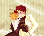  1girl absurdres beatrice bird blonde_hair blue_eyes blush cage choker couple dress flower formal hair_flower hair_ornament hetero highres kiss necktie red_hair rose suit umineko_no_naku_koro_ni ushiromiya_battler 