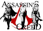  altair_ibn_la-ahad assassin's_creed assassin's_creed_(series) assassin's_creed_ii blade cape desmond_miles ezio_auditore_da_firenze hidden_blade hood kaede_rintou male_focus monochrome multiple_boys scar smile spot_color vambraces weapon 