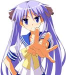  blue_eyes blush collarbone foreshortening hair_ribbon hand_on_hip hiiragi_kagami katochin_(skpresents) long_hair lucky_star purple_hair ribbon ryouou_school_uniform school_uniform serafuku simple_background smile solo tsurime twintails yellow_neckwear 